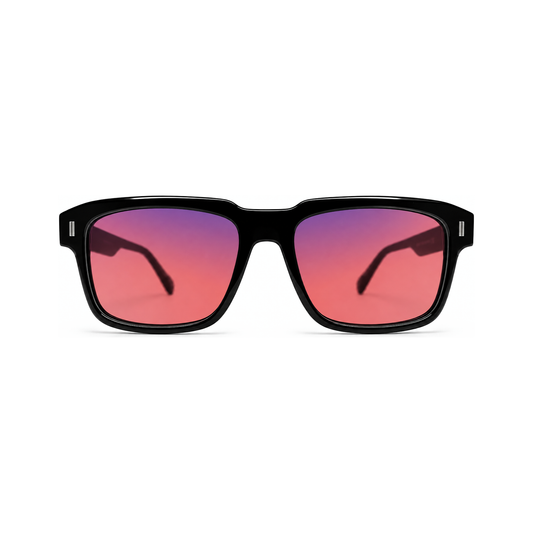 Sleepaxa Astor Jet Black FL-41 migraine glasses — front view, premium handmade bold square frame with rose-tinted FL-41 lenses