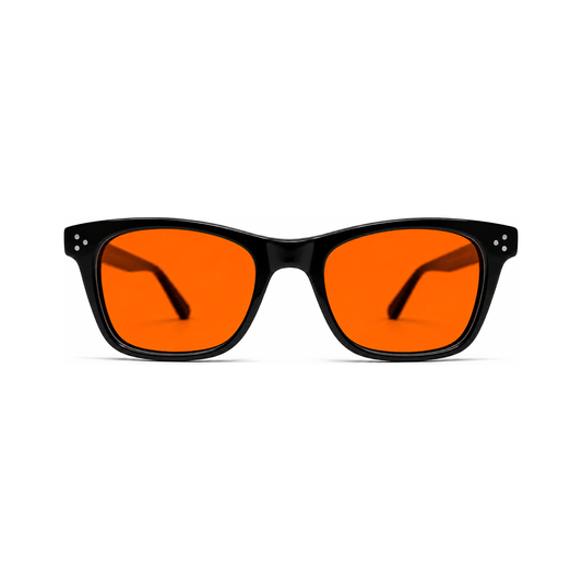 Sleepaxa Hudson Jet Black American classic wayfarer sleep glasses — front view with amber blue-light blocking lenses