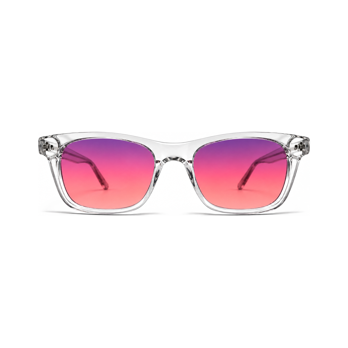 Sleepaxa Hudson Crystal Clear FL-41 migraine glasses — front view, transparent American classic wayfarer frame with rose-tinted FL-41 lenses