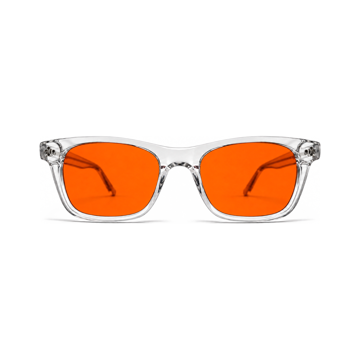 Sleepaxa Hudson Crystal Clear American classic wayfarer sleep glasses — front view with amber blue-light blocking lenses