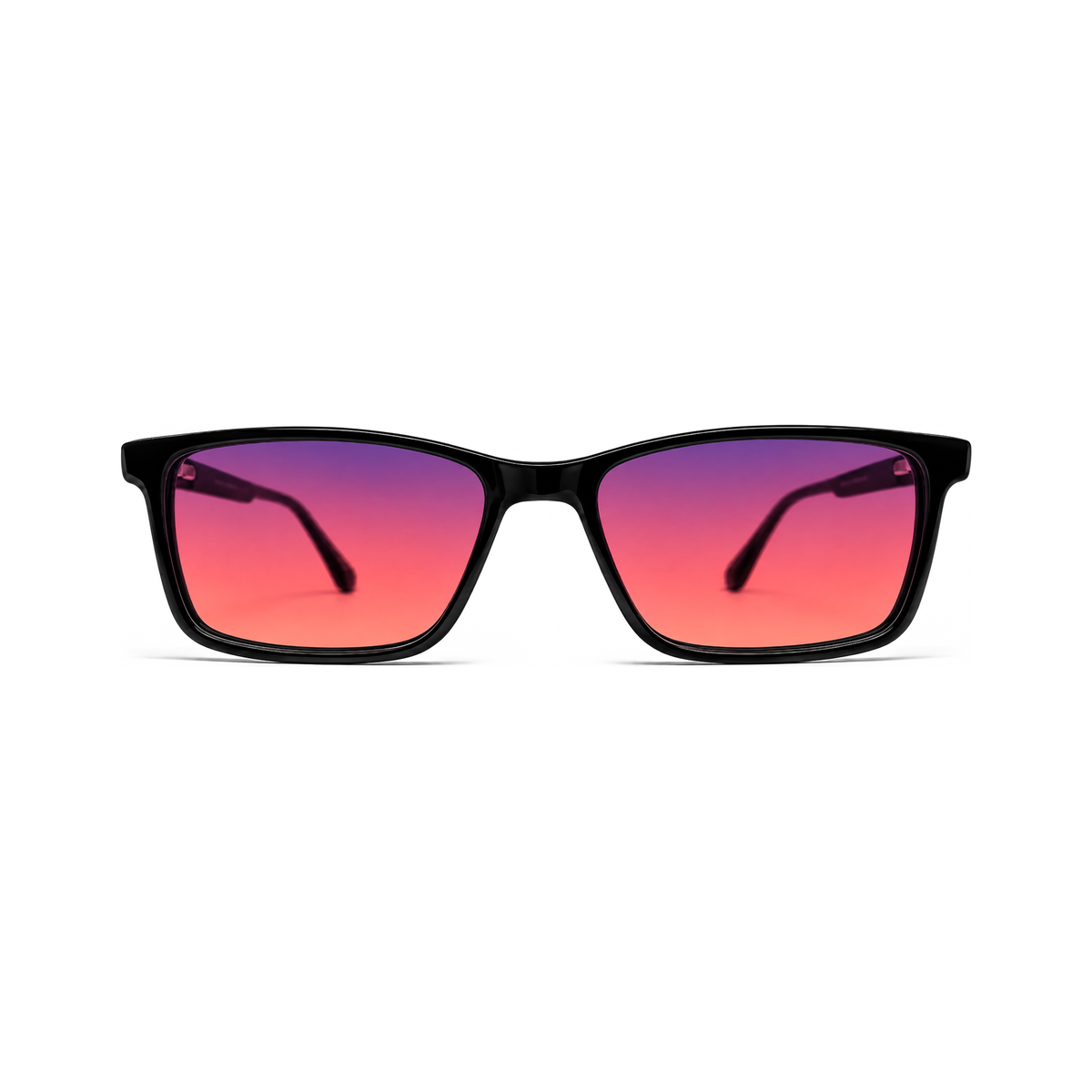 Sleepaxa Metro Jet Black FL-41 migraine glasses — front view, simple square compact-lens acetate frame with rose-tinted FL-41 lenses
