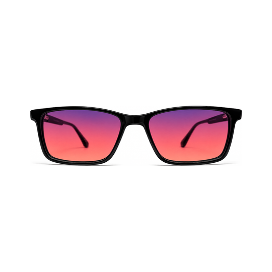 Sleepaxa Metro Jet Black FL-41 migraine glasses — front view, simple square compact-lens acetate frame with rose-tinted FL-41 lenses