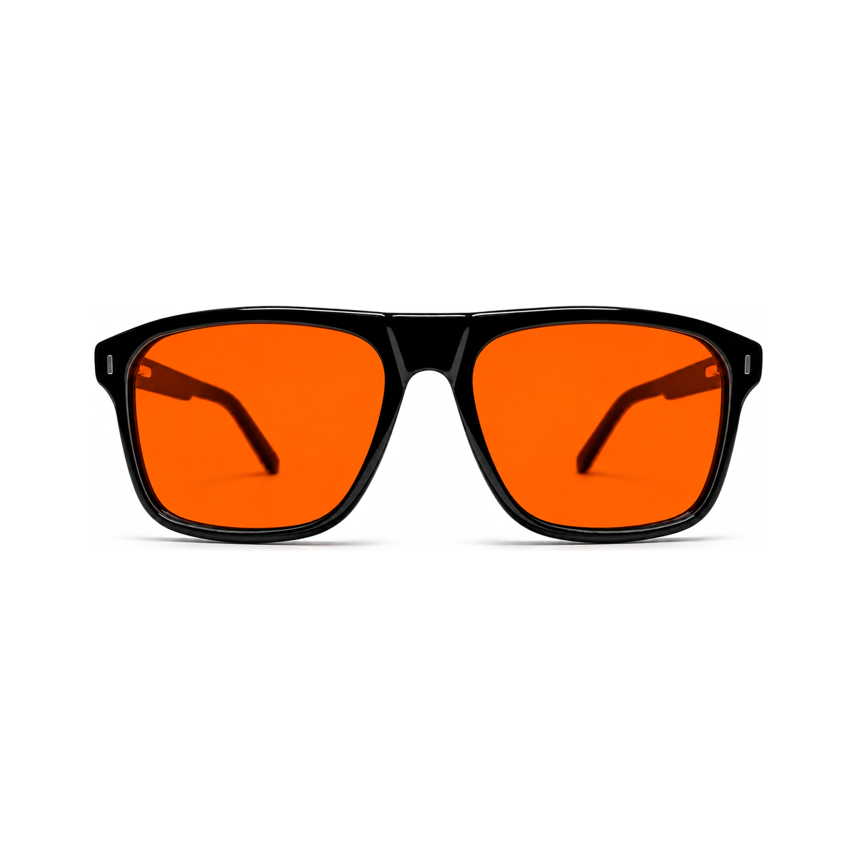 Sleepaxa Regent Jet Black Kingsman-style acetate sleep glasses — front view, flat-top square frame with amber blue-light blocking lenses