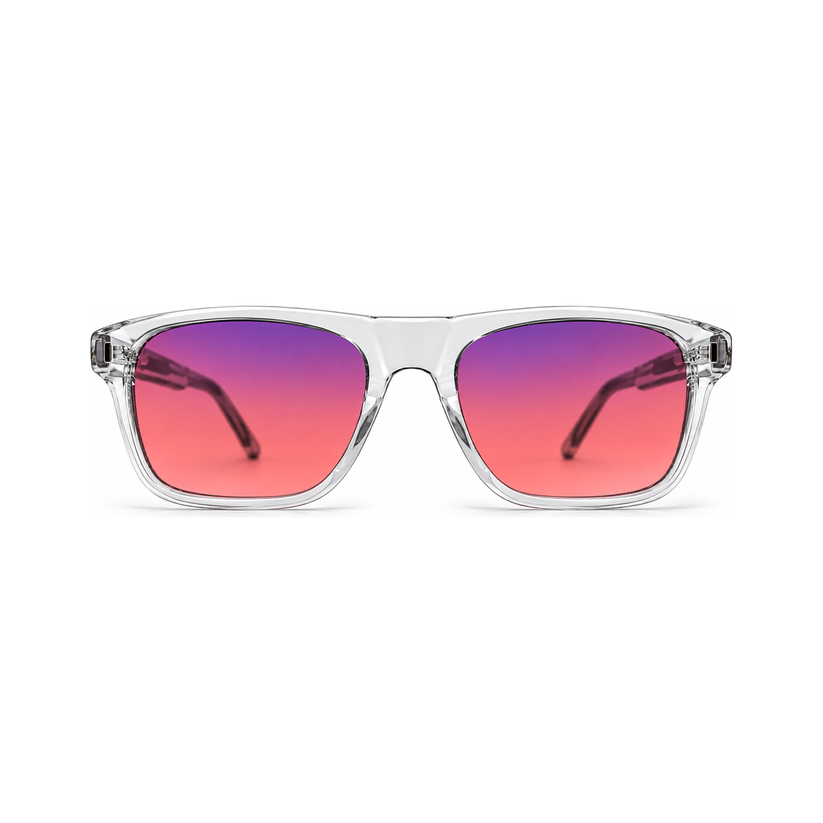 Sleepaxa Regent Crystal Clear FL-41 migraine glasses — front view, transparent Kingsman-style flat-top square frame with rose-tinted FL-41 lenses
