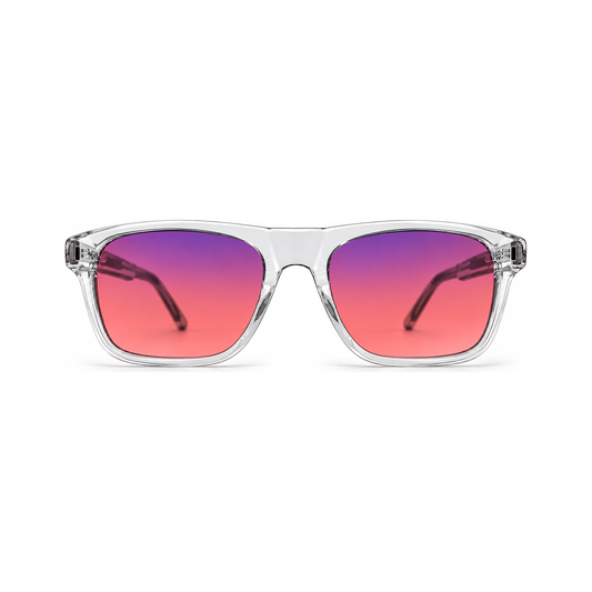 Sleepaxa Regent Crystal Clear FL-41 migraine glasses — front view, transparent Kingsman-style flat-top square frame with rose-tinted FL-41 lenses