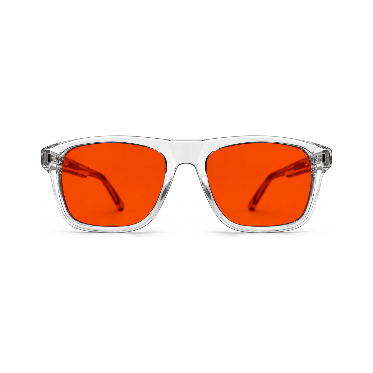 Sleepaxa Regent Crystal Clear transparent acetate sleep glasses — front view with amber blue-light blocking lenses
