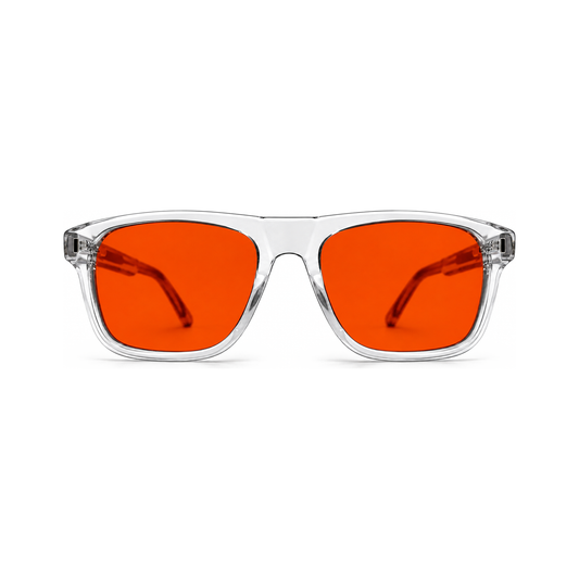 Sleepaxa Regent Crystal Clear transparent acetate sleep glasses — front view with amber blue-light blocking lenses