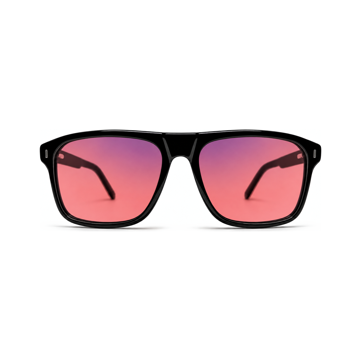 Sleepaxa Regent Jet Black FL-41 migraine glasses — front view, Kingsman-style flat-top square frame with rose-tinted FL-41 lenses