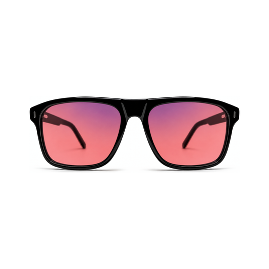 Sleepaxa Regent Jet Black FL-41 migraine glasses — front view, Kingsman-style flat-top square frame with rose-tinted FL-41 lenses