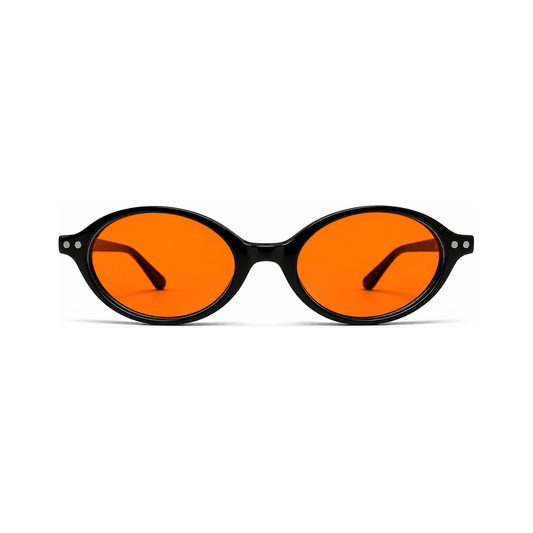 Sleepaxa Riviera Jet Black trending European cat-eye sleep glasses — front view, retro oval acetate frame with amber blue-light blocking lenses