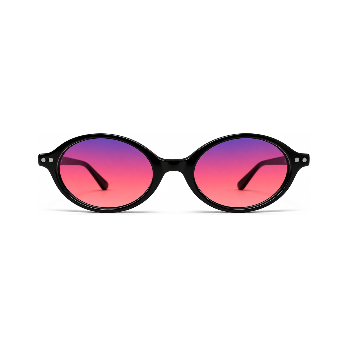 Sleepaxa Riviera Jet Black FL-41 migraine glasses — front view, European retro-oval cat-eye acetate frame with rose-tinted FL-41 lenses