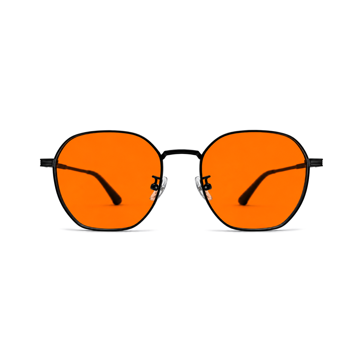 Sleepaxa Zephyr Jet Black titanium sleep glasses — front view with amber lens