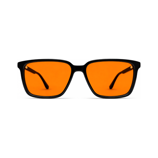 Sleepaxa Sterling Jet Black professional executive square sleep glasses — front view with amber blue-light blocking lenses