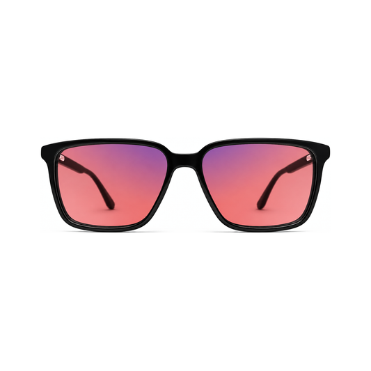 Sleepaxa Sterling Jet Black FL-41 migraine glasses front view - rose tinted lenses in professional executive square acetate frame