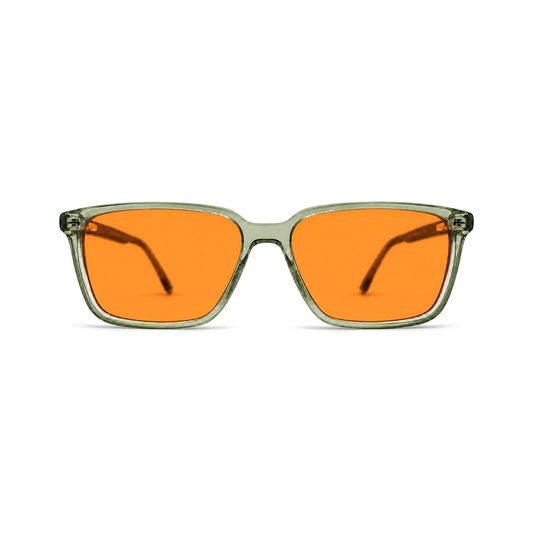 Sleepaxa Sterling Sage Crystal professional executive square sleep glasses — front view, translucent sage green acetate with amber blue-light blocking lenses
