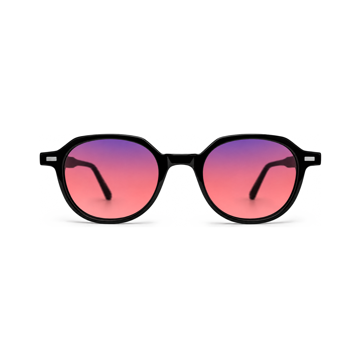 Sleepaxa Vesper Jet Black FL-41 migraine glasses — front view, designer round acetate frame with rose-tinted FL-41 lenses
