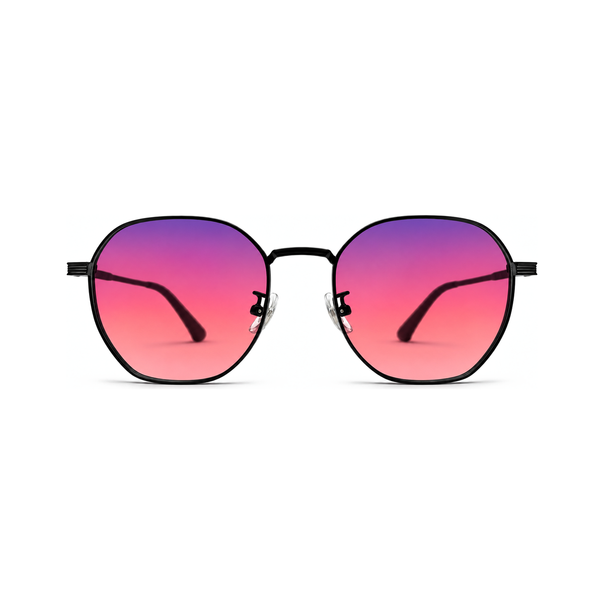 Sleepaxa Zephyr Jet Black FL-41 migraine glasses — front view, ultra-light beta titanium hexagonal frame with rose-tinted FL-41 lenses