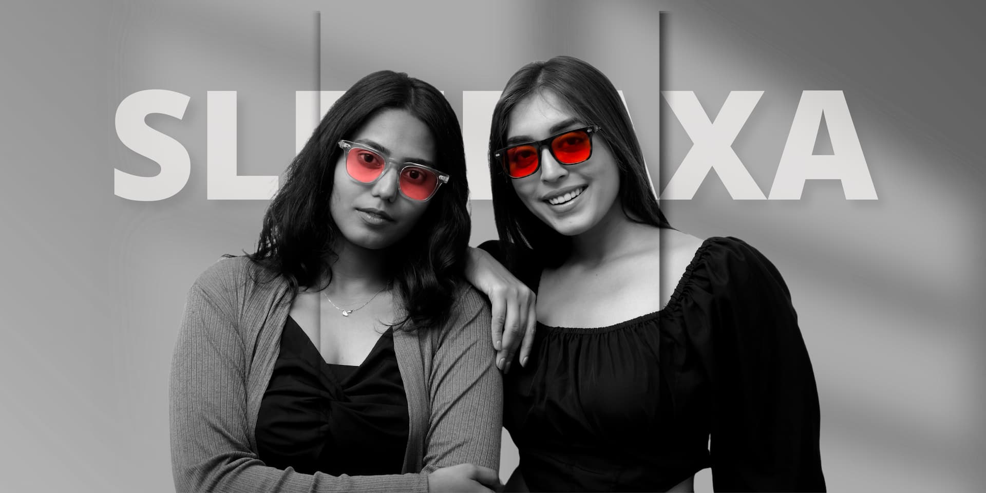 Two women wearing SleepAxa FL-41 migraine and sleep glasses with red and pink tinted lenses - India's leading patented eyewear