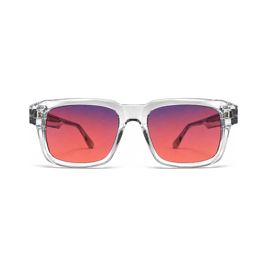 Sleepaxa Astor Crystal Clear FL-41 migraine glasses — front view, premium handmade transparent bold square frame with rose-tinted FL-41 lenses
