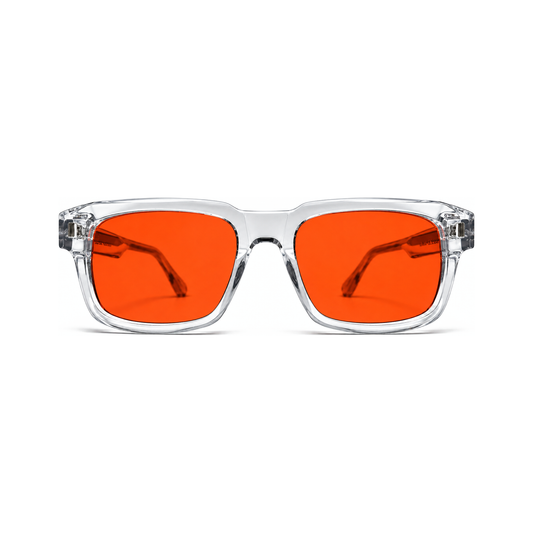 Sleepaxa Astor Crystal Clear premium handmade acetate sleep glasses front view - extra-wide celebrity design blue light blocking