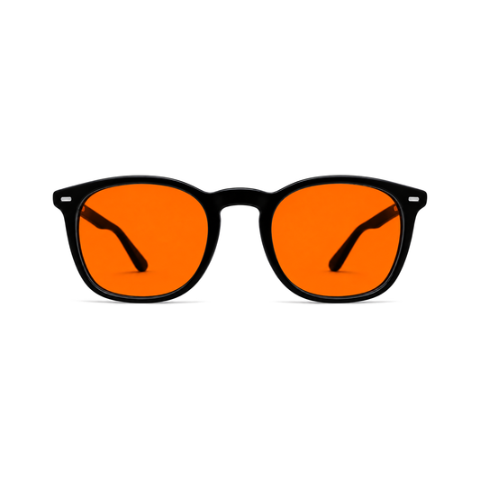 Sleepaxa Halcyon Slate Black ULTEM sleep glasses — front view with amber lens
