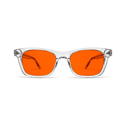 Sleepaxa Hudson Crystal Clear American classic wayfarer sleep glasses — front view with amber blue-light blocking lenses