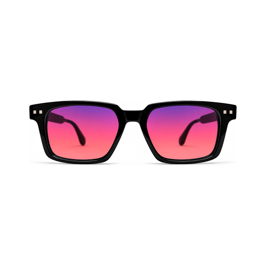 Sleepaxa Magnus Jet Black FL-41 migraine glasses — front view, bold vintage square thick acetate frame with rose-tinted FL-41 lenses