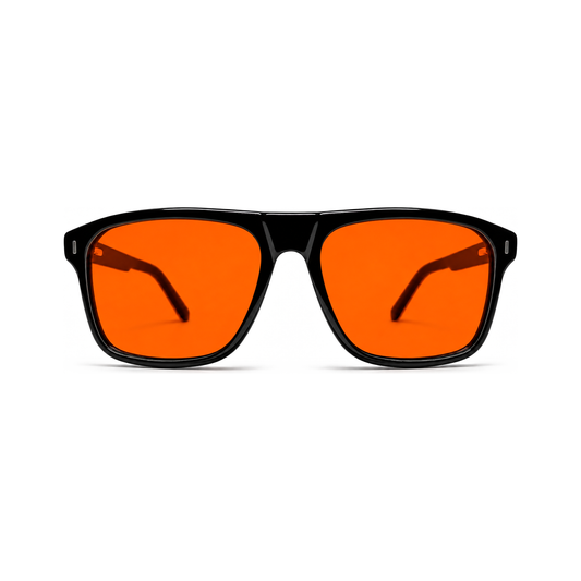 Sleepaxa Regent Jet Black Kingsman-style acetate sleep glasses — front view, flat-top square frame with amber blue-light blocking lenses