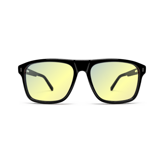 Sleepaxa Regent Jet Black DayActive yellow lens glasses - front view, Kingsman-style flat-top acetate frame