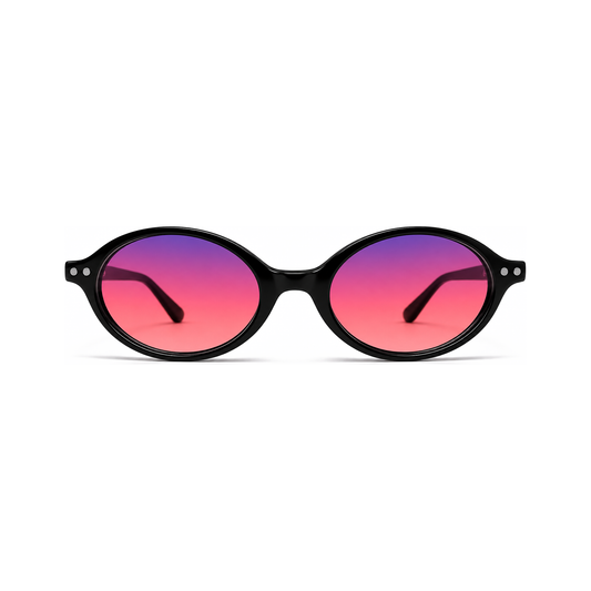 Sleepaxa Riviera Jet Black FL-41 migraine glasses — front view, European retro-oval cat-eye acetate frame with rose-tinted FL-41 lenses