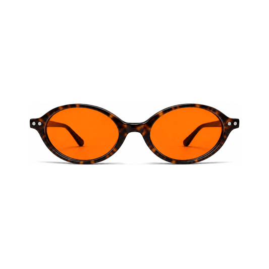 Sleepaxa Riviera Tortoise Brown trending European cat-eye sleep glasses — front view, printed tortoise-shell acetate with amber blue-light blocking lenses