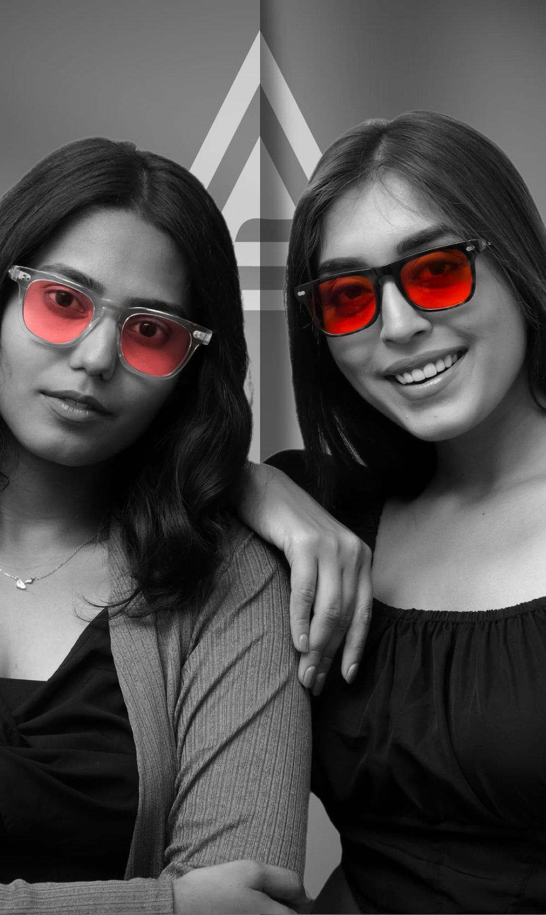 Two women wearing SleepAxa FL-41 migraine and sleep glasses with red and pink tinted lenses - India's leading patented eyewear