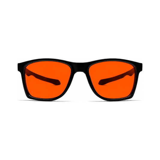 Sleepaxa Torque Matte Black ULTEM sports sleep glasses — front view, wide fit square frame with amber blue-light blocking lenses
