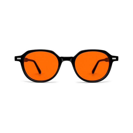 Sleepaxa Vesper Jet Black designer round acetate sleep glasses — front view with amber blue-light blocking lenses
