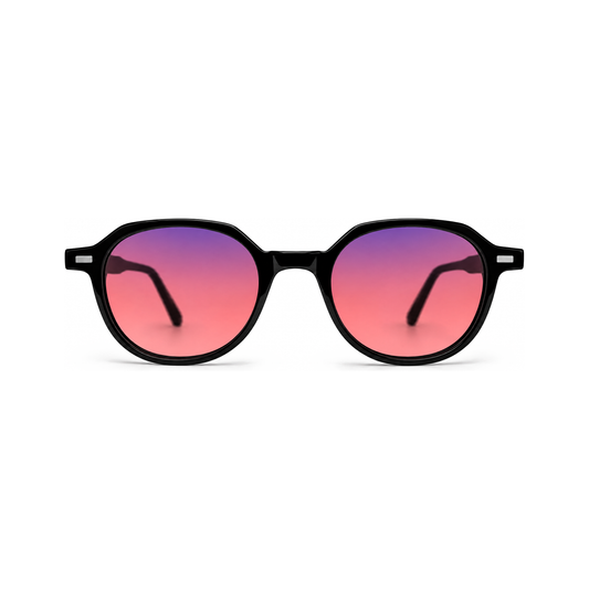 Sleepaxa Vesper Jet Black FL-41 migraine glasses — front view, designer round acetate frame with rose-tinted FL-41 lenses